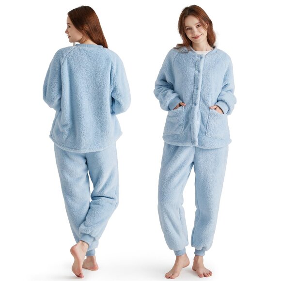 Women's Plush Fleece Pajama Set 2-Piece Cozy Sleepwear with Pockets
